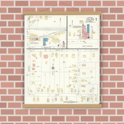 Old map wall art mockup — magnetic wood frame on brick wall — Sanborn Fire Insurance Map from Zeeland, Ottawa County, Michigan (1923), Sheet #0007