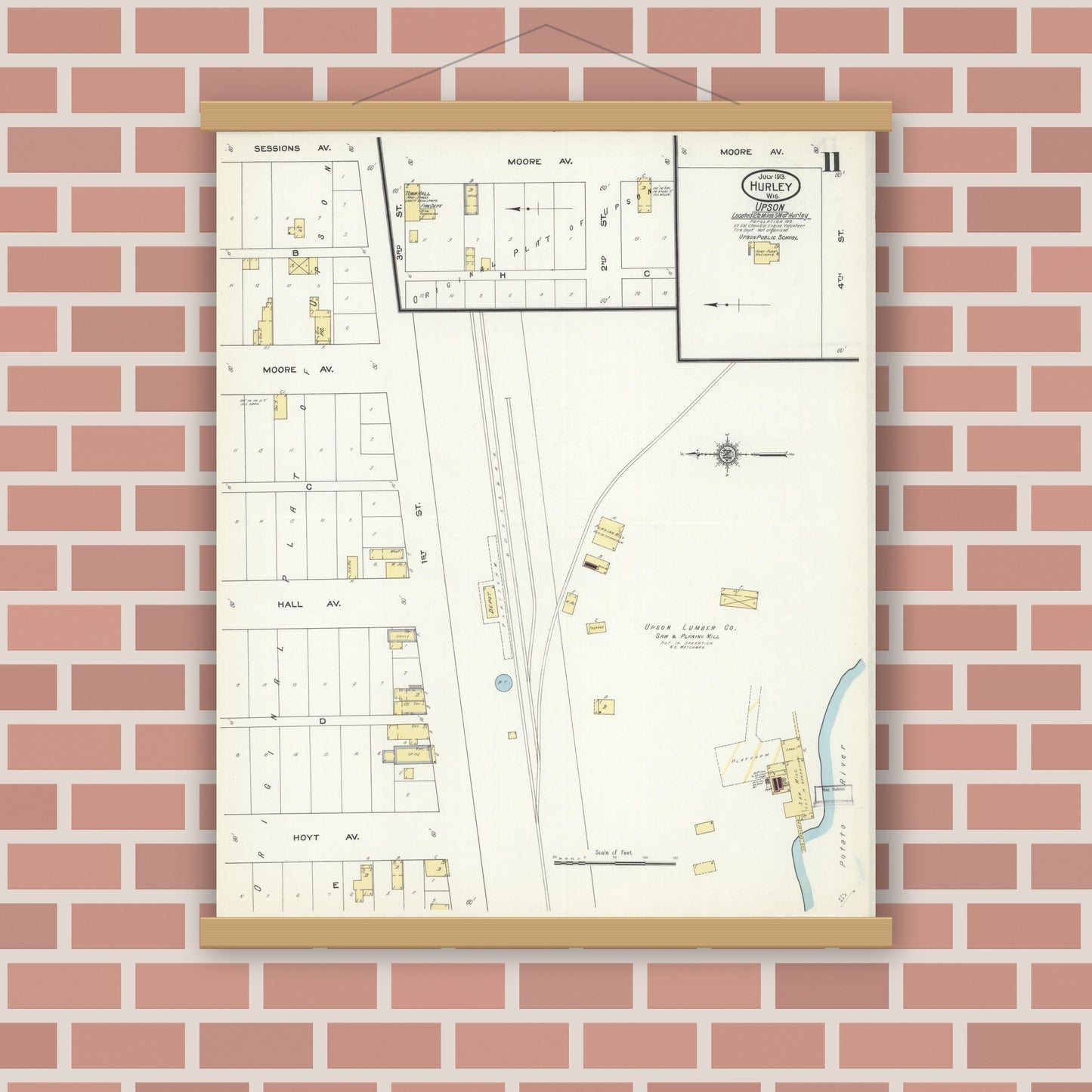 Old map wall art mockup — magnetic wood frame on brick wall — Sanborn Fire Insurance Map from Hurley, Iron County, Wisconsin (1913), Sheet #0011
