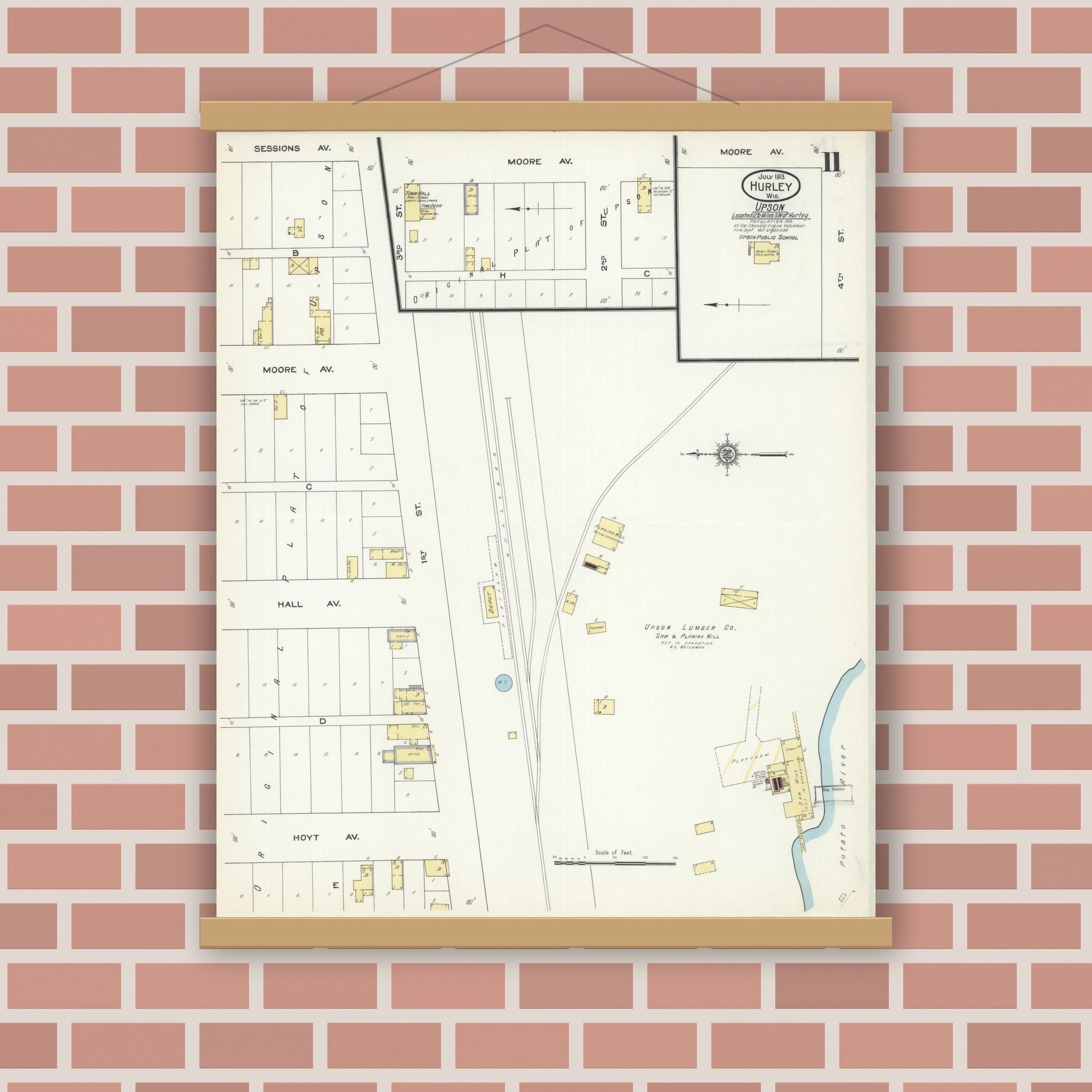 Old map wall art mockup — magnetic wood frame on brick wall — Sanborn Fire Insurance Map from Hurley, Iron County, Wisconsin (1913), Sheet #0011