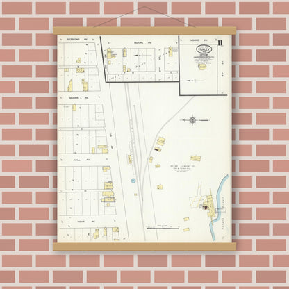 Old map wall art mockup — magnetic wood frame on brick wall — Sanborn Fire Insurance Map from Hurley, Iron County, Wisconsin (1913), Sheet #0011