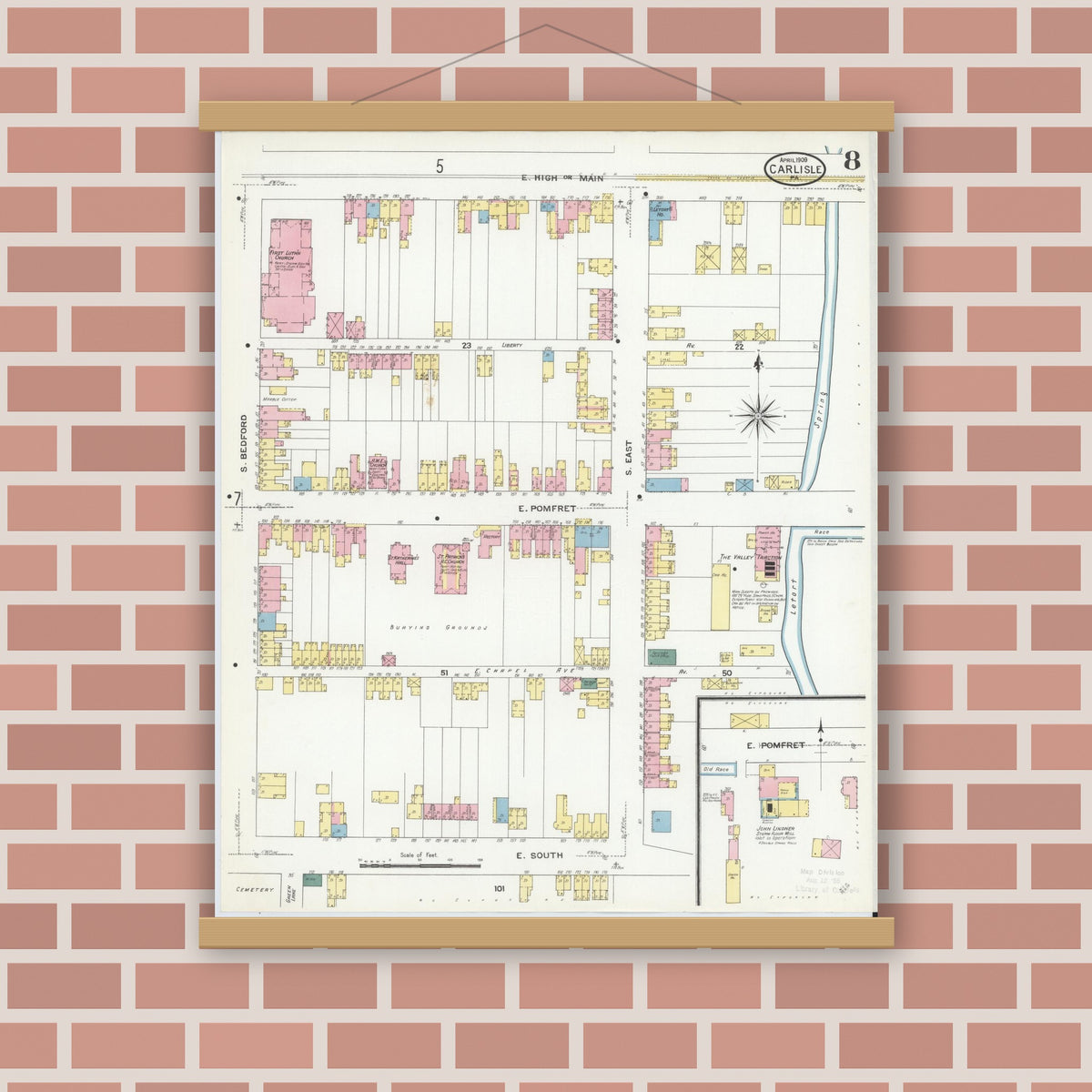 Old map wall art mockup — magnetic wood frame on brick wall — Sanborn Fire Insurance Map from Carlisle, Cumberland County, Pennsylvania (1909), Sheet #0008