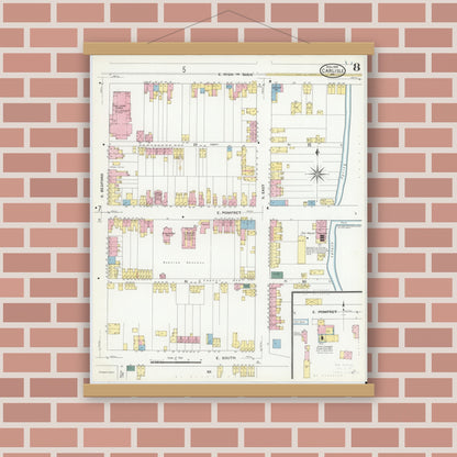 Old map wall art mockup — magnetic wood frame on brick wall — Sanborn Fire Insurance Map from Carlisle, Cumberland County, Pennsylvania (1909), Sheet #0008