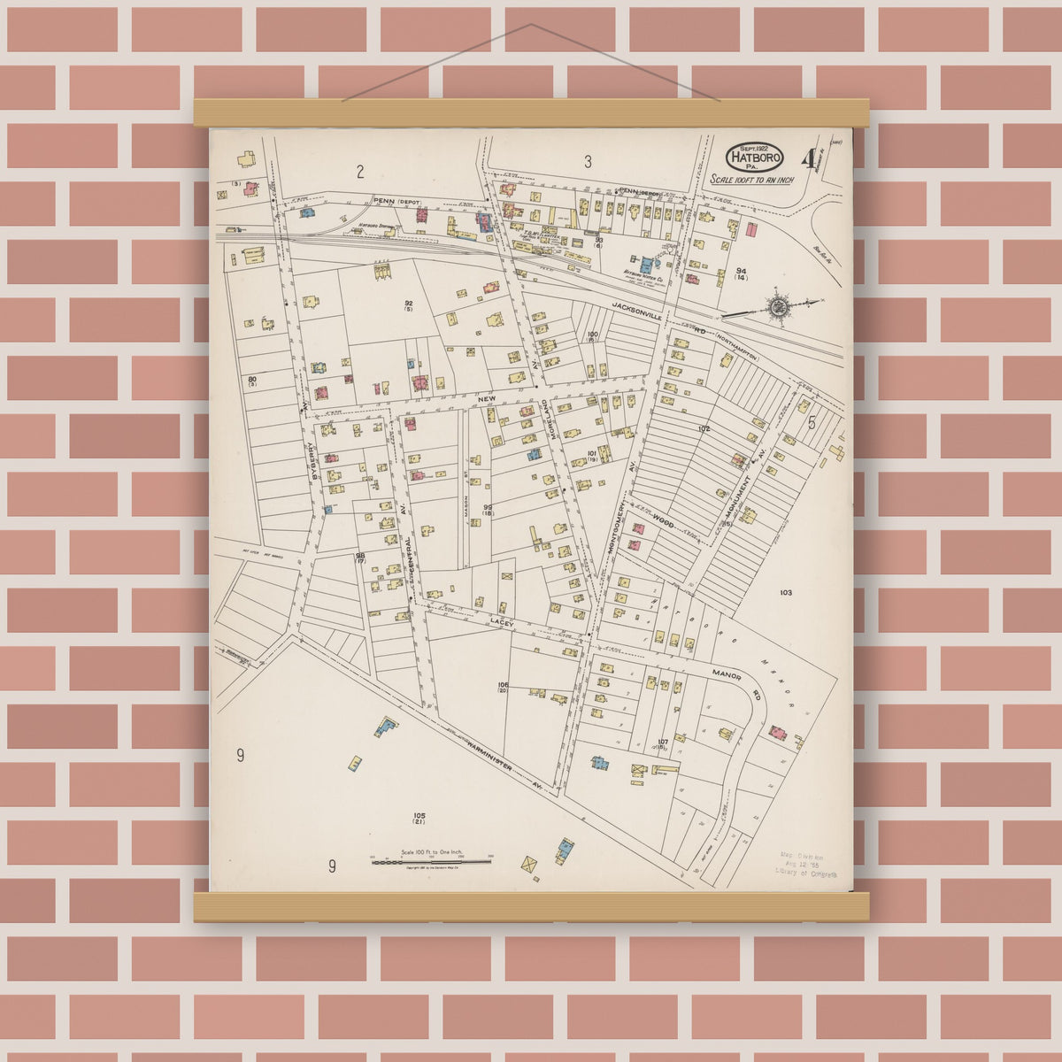 Old map wall art mockup — magnetic wood frame on brick wall — Sanborn Fire Insurance Map from Hatboro, Montgomery County, Pennsylvania (1922), Sheet #0004