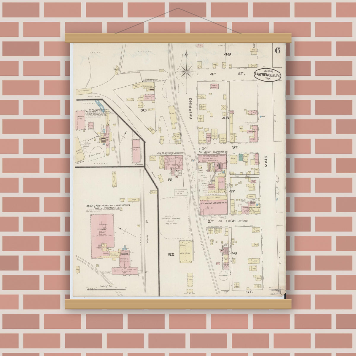 Old map wall art mockup — magnetic wood frame on brick wall — Sanborn Fire Insurance Map from Lawrenceburg, Dearborn County, Indiana (1885), Sheet #0006