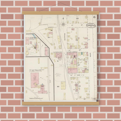 Old map wall art mockup — magnetic wood frame on brick wall — Sanborn Fire Insurance Map from Lawrenceburg, Dearborn County, Indiana (1885), Sheet #0006