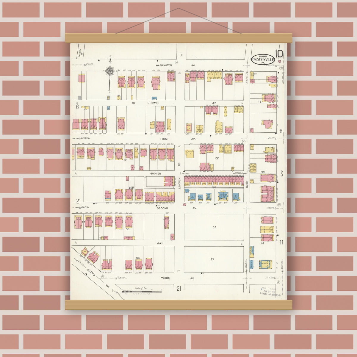 Old map wall art mockup — magnetic wood frame on brick wall — Sanborn Fire Insurance Map from Phoenixville, Chester County, Pennsylvania (1921), Sheet #0010