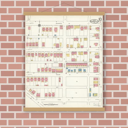 Old map wall art mockup — magnetic wood frame on brick wall — Sanborn Fire Insurance Map from Phoenixville, Chester County, Pennsylvania (1921), Sheet #0010