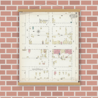 Old map wall art mockup — magnetic wood frame on brick wall — Sanborn Fire Insurance Map from Alexandria, Douglas County, Minnesota (1885), Sheet #0002