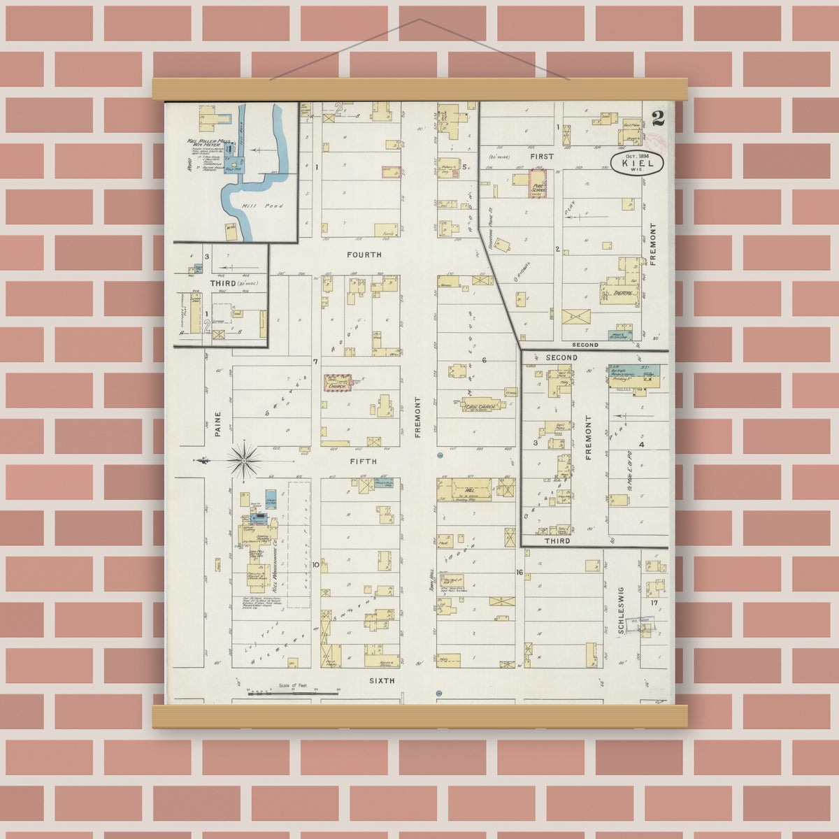 Old map wall art mockup — magnetic wood frame on brick wall — Sanborn Fire Insurance Map from Kiel, Manitowoc and Calumet Counties, Wisconsin (1894) - Complete Map Set