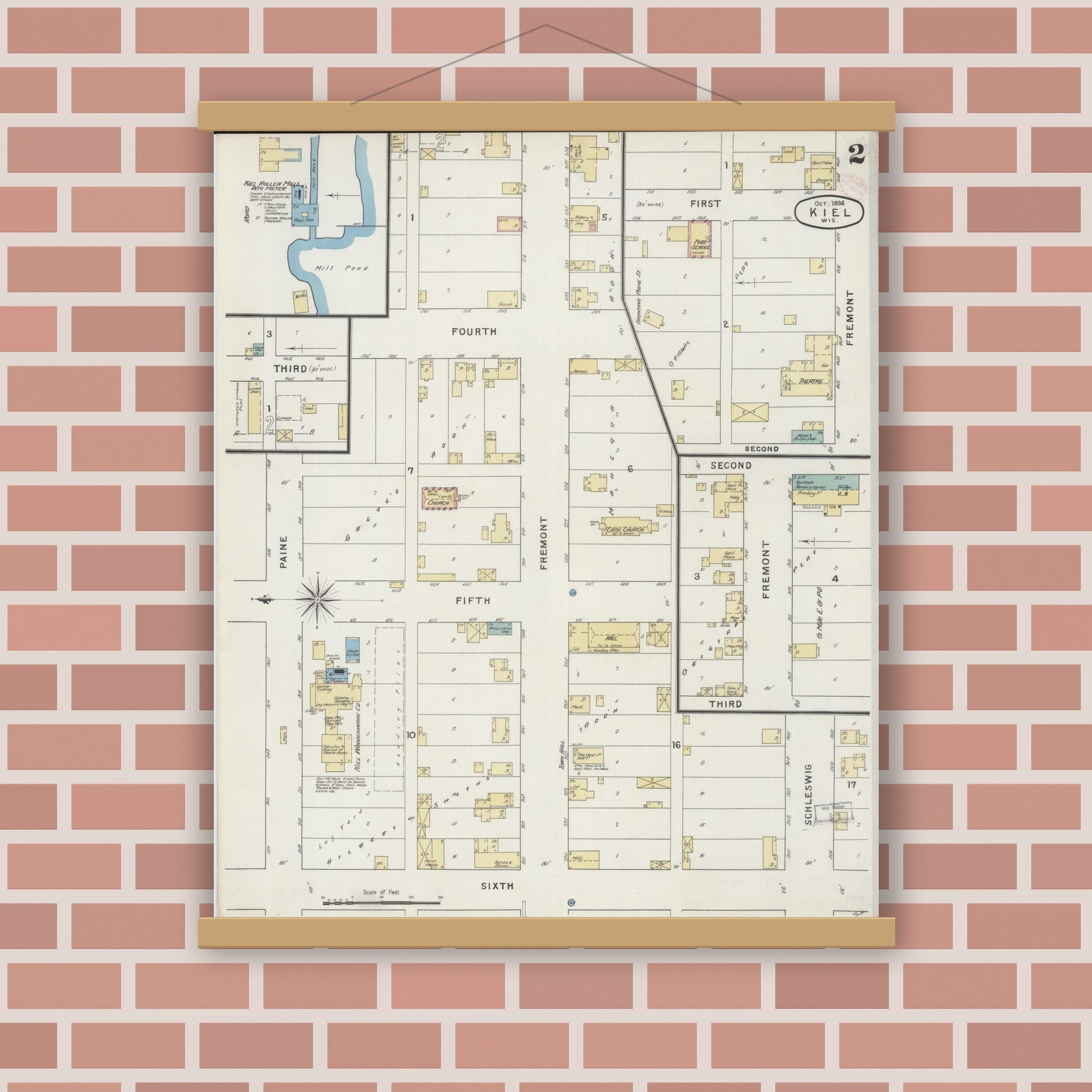Old map wall art mockup — magnetic wood frame on brick wall — Sanborn Fire Insurance Map from Kiel, Manitowoc and Calumet Counties, Wisconsin (1894) - Complete Map Set