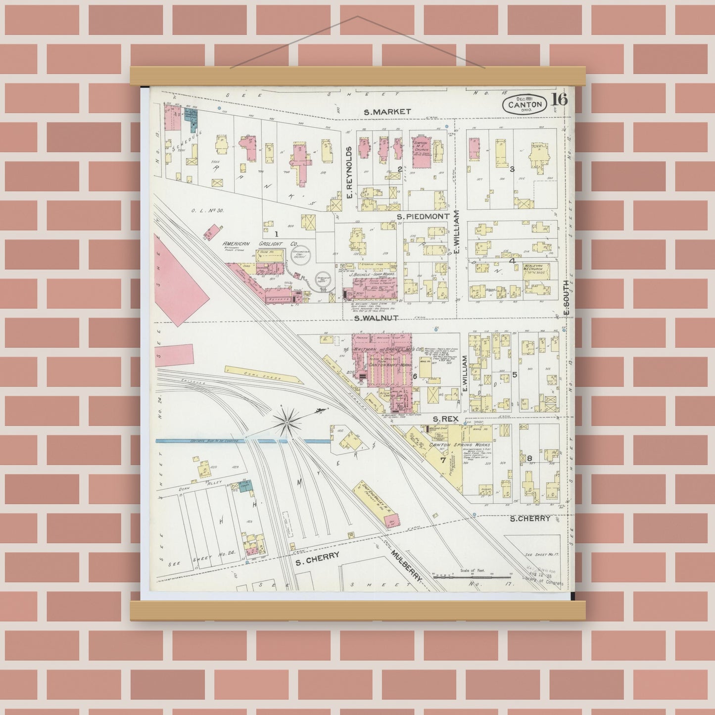 Old map wall art mockup — magnetic wood frame on brick wall — Sanborn Fire Insurance Map from Canton, Stark County, Ohio (1891), Sheet #0016