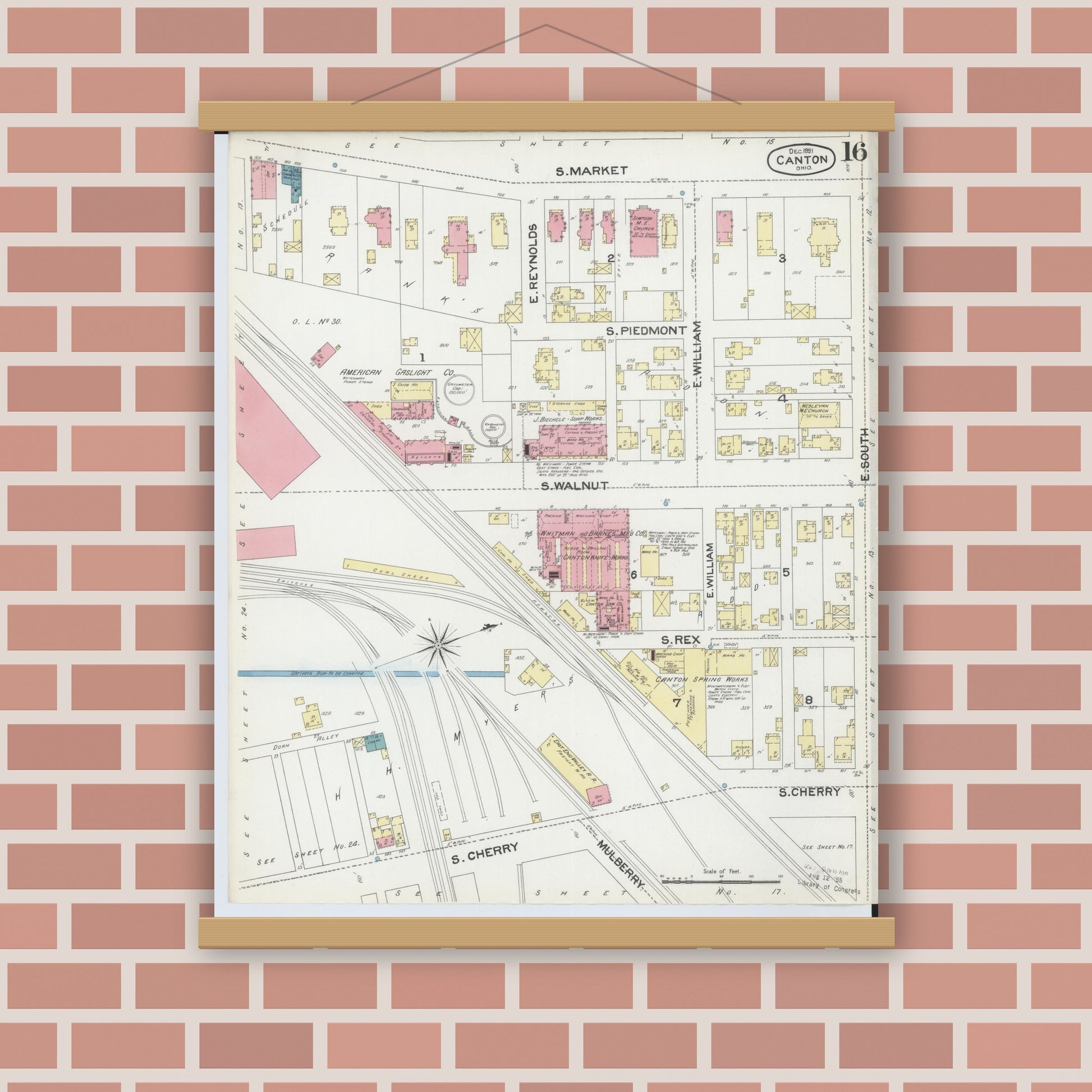 Old map wall art mockup — magnetic wood frame on brick wall — Sanborn Fire Insurance Map from Canton, Stark County, Ohio (1891), Sheet #0016