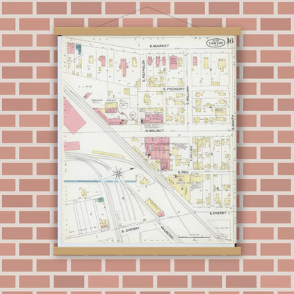 Old map wall art mockup — magnetic wood frame on brick wall — Sanborn Fire Insurance Map from Canton, Stark County, Ohio (1891), Sheet #0016