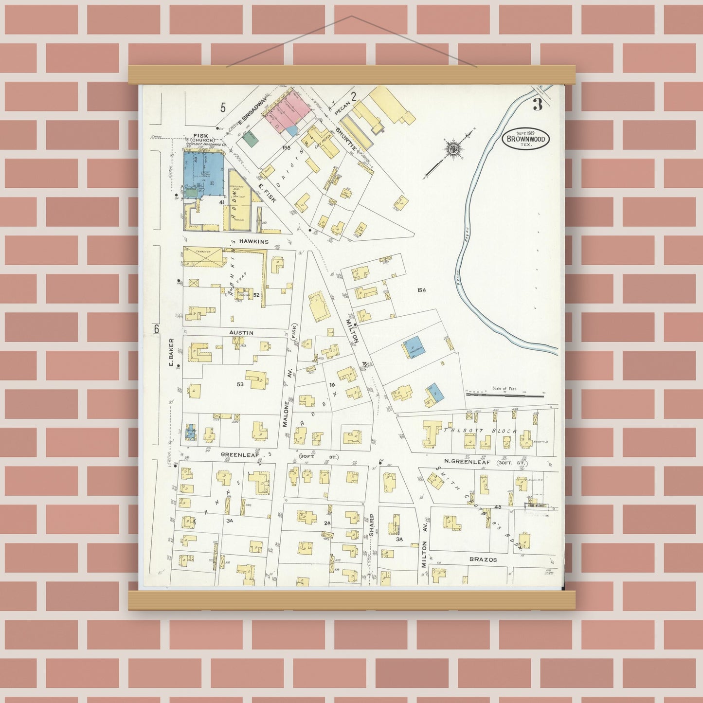 Old map wall art mockup — magnetic wood frame on brick wall — Sanborn Fire Insurance Map from Brownwood, Brown County, Texas (1909), Sheet #0003