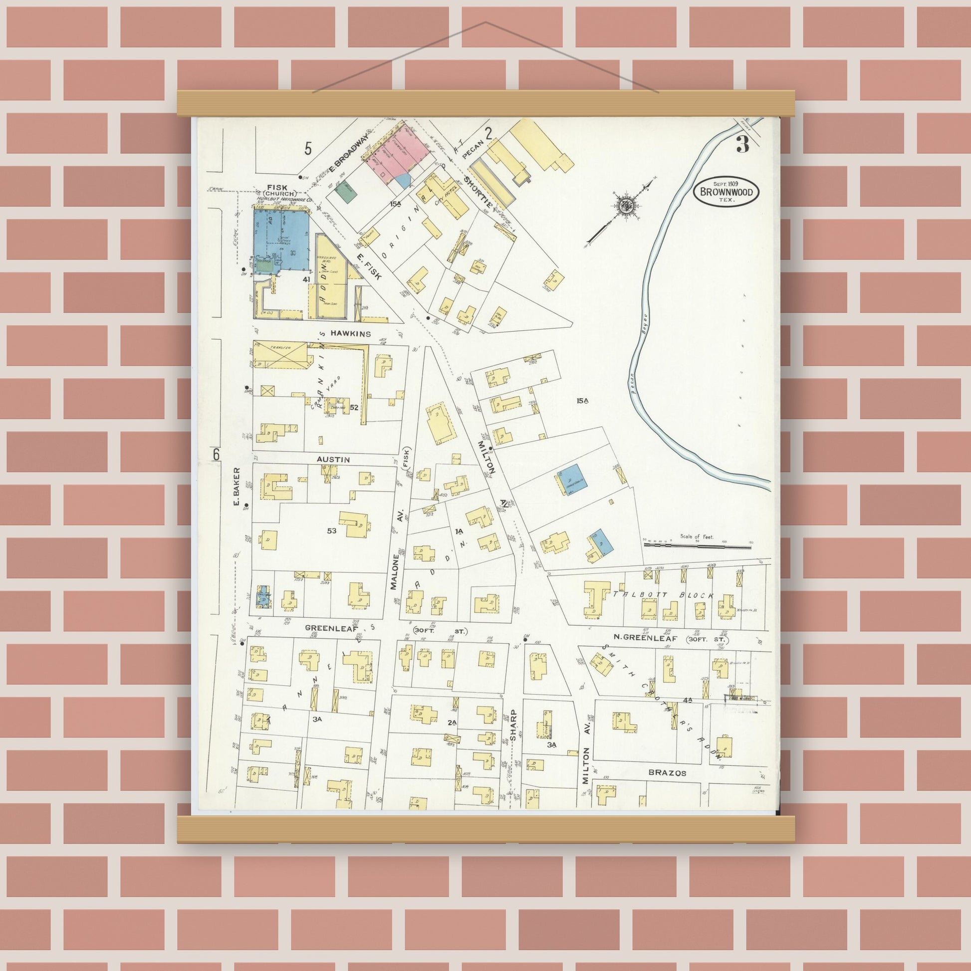 Old map wall art mockup — magnetic wood frame on brick wall — Sanborn Fire Insurance Map from Brownwood, Brown County, Texas (1909), Sheet #0003