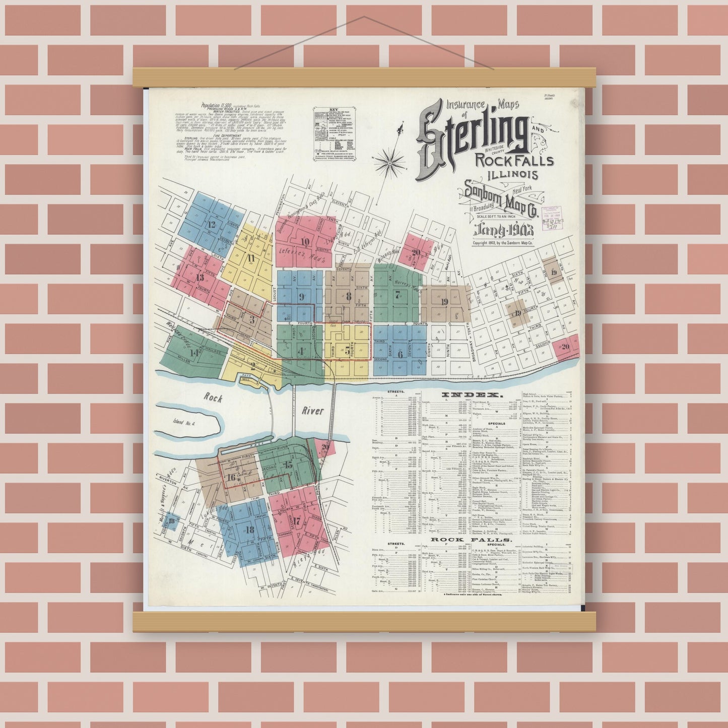 Old map wall art mockup — magnetic wood frame on brick wall — Sanborn Fire Insurance Map from Sterling, Whiteside County, Illinois (1903) - Complete Map Set