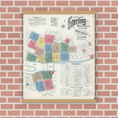 Old map wall art mockup — magnetic wood frame on brick wall — Sanborn Fire Insurance Map from Sterling, Whiteside County, Illinois (1903) - Complete Map Set