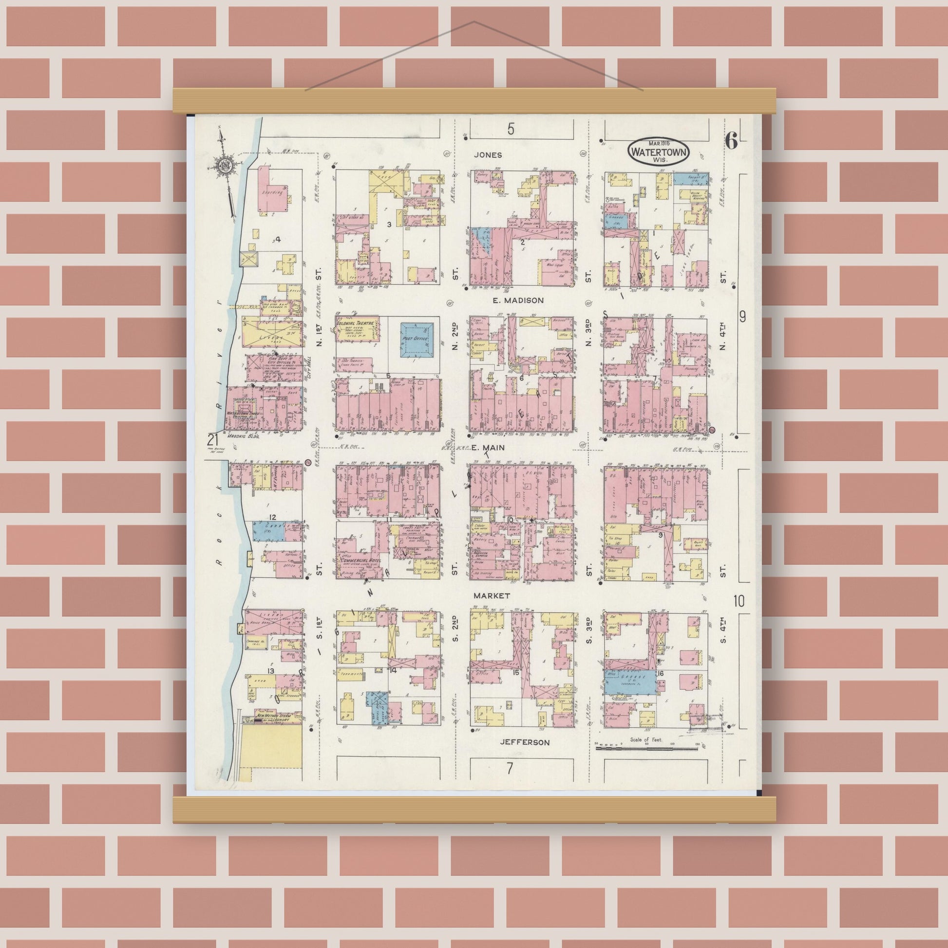 Old map wall art mockup — magnetic wood frame on brick wall — Sanborn Fire Insurance Map from Watertown, Jefferson County, Wisconsin (1915), Sheet #0007