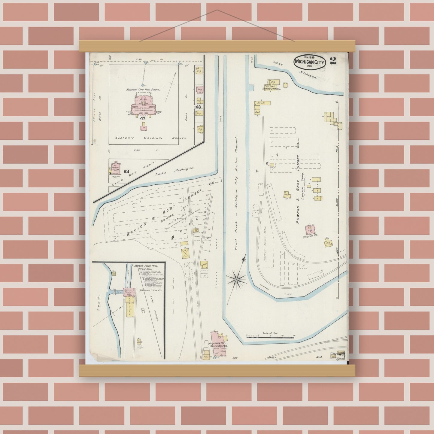 Old map wall art mockup — magnetic wood frame on brick wall — Sanborn Fire Insurance Map from Michigan City, La Porte County, Indiana (1889), Sheet #0002