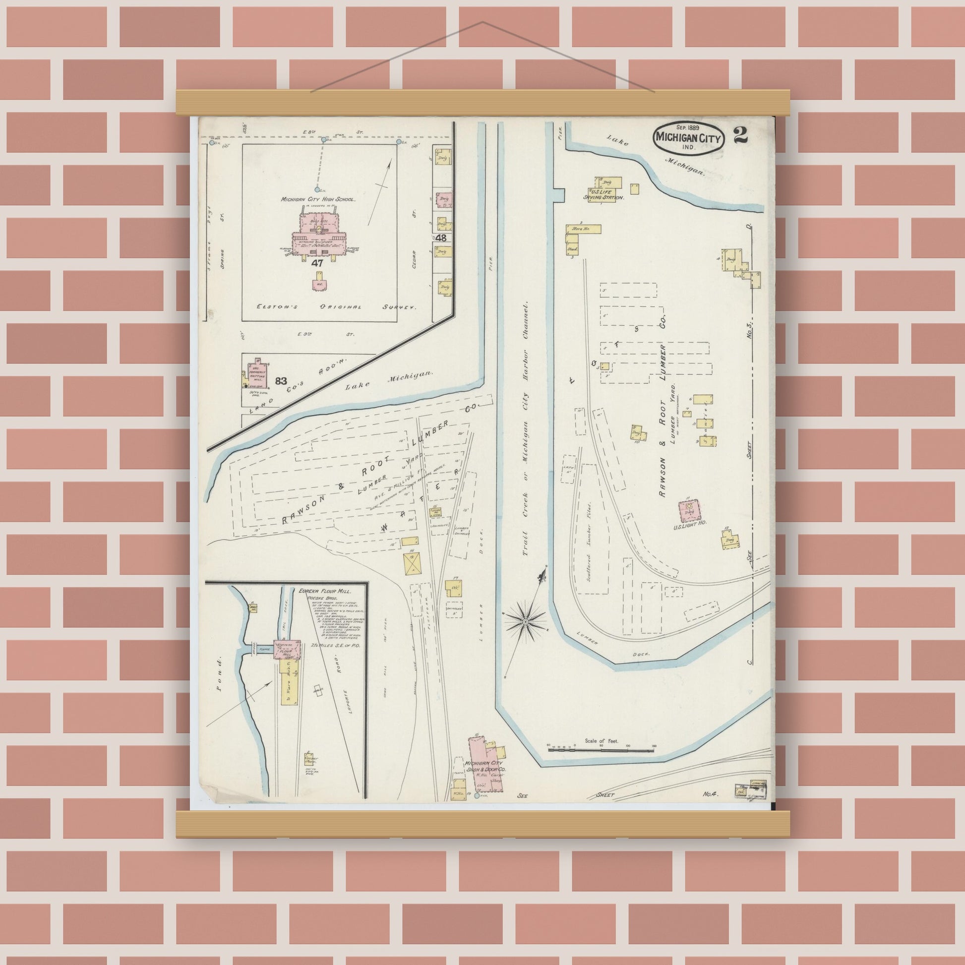 Old map wall art mockup — magnetic wood frame on brick wall — Sanborn Fire Insurance Map from Michigan City, La Porte County, Indiana (1889), Sheet #0002