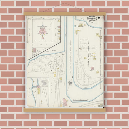 Old map wall art mockup — magnetic wood frame on brick wall — Sanborn Fire Insurance Map from Michigan City, La Porte County, Indiana (1889), Sheet #0002
