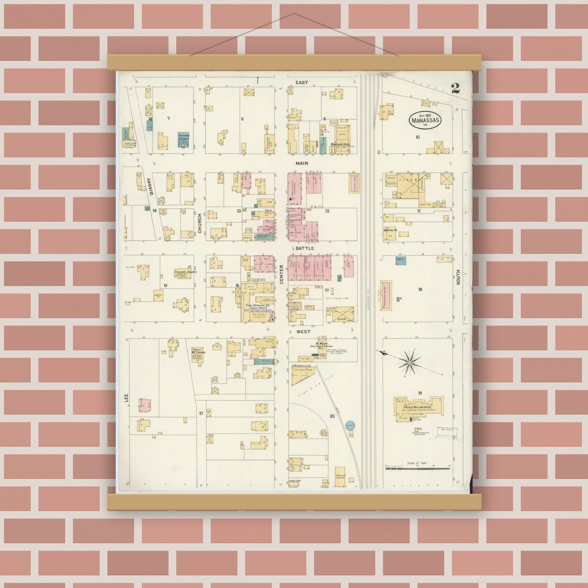 Old map wall art mockup — magnetic wood frame on brick wall — Sanborn Fire Insurance Map from Manassas, Independent Cities, Virginia (1907), Sheet #0002