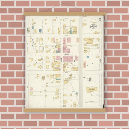 Old map wall art mockup — magnetic wood frame on brick wall — Sanborn Fire Insurance Map from Manassas, Independent Cities, Virginia (1907), Sheet #0002