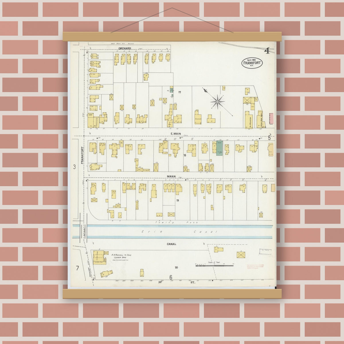 Old map wall art mockup — magnetic wood frame on brick wall — Sanborn Fire Insurance Map from Frankfort, Herkimer County, New York (1902), Sheet #0004