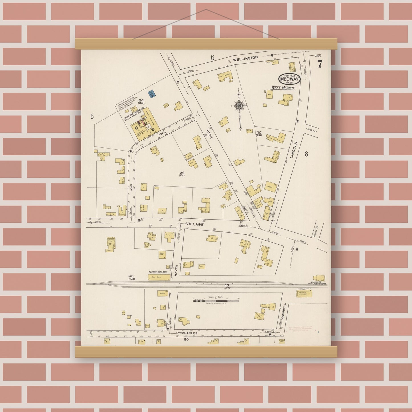 Old map wall art mockup — magnetic wood frame on brick wall — Sanborn Fire Insurance Map from Medway, Norfolk County, Massachusetts (1922), Sheet #0007