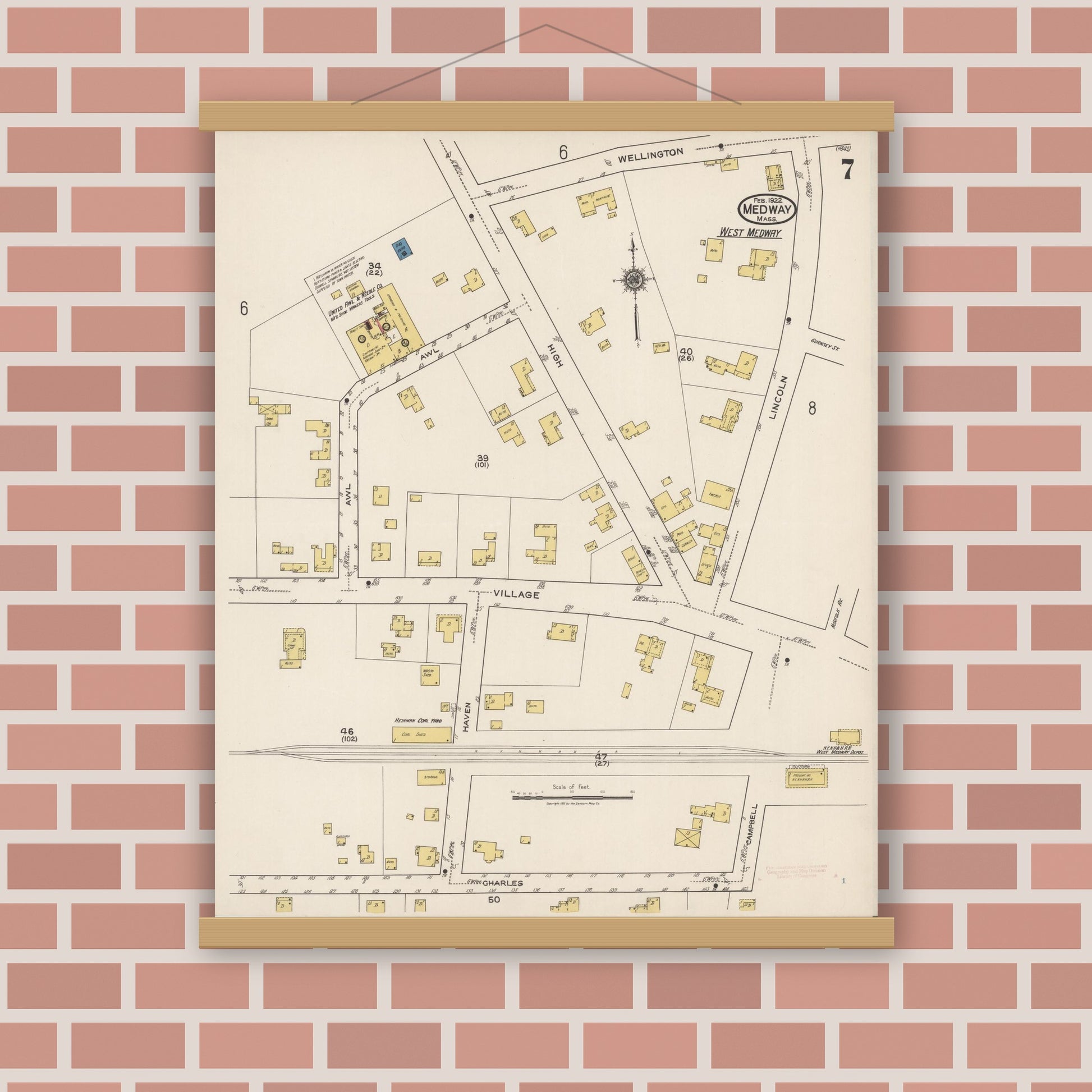 Old map wall art mockup — magnetic wood frame on brick wall — Sanborn Fire Insurance Map from Medway, Norfolk County, Massachusetts (1922), Sheet #0007
