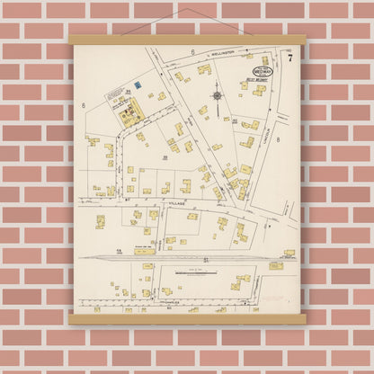 Old map wall art mockup — magnetic wood frame on brick wall — Sanborn Fire Insurance Map from Medway, Norfolk County, Massachusetts (1922), Sheet #0007