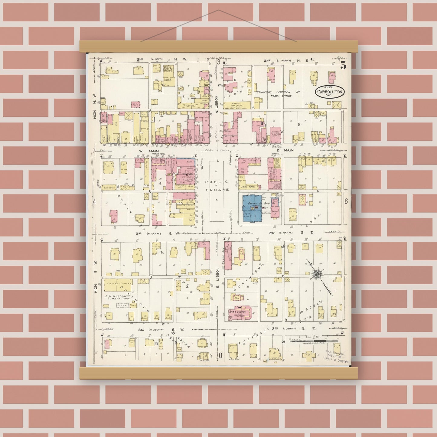 Old map wall art mockup — magnetic wood frame on brick wall — Sanborn Fire Insurance Map from Carrollton, Carroll County, Ohio (1921), Sheet #0005