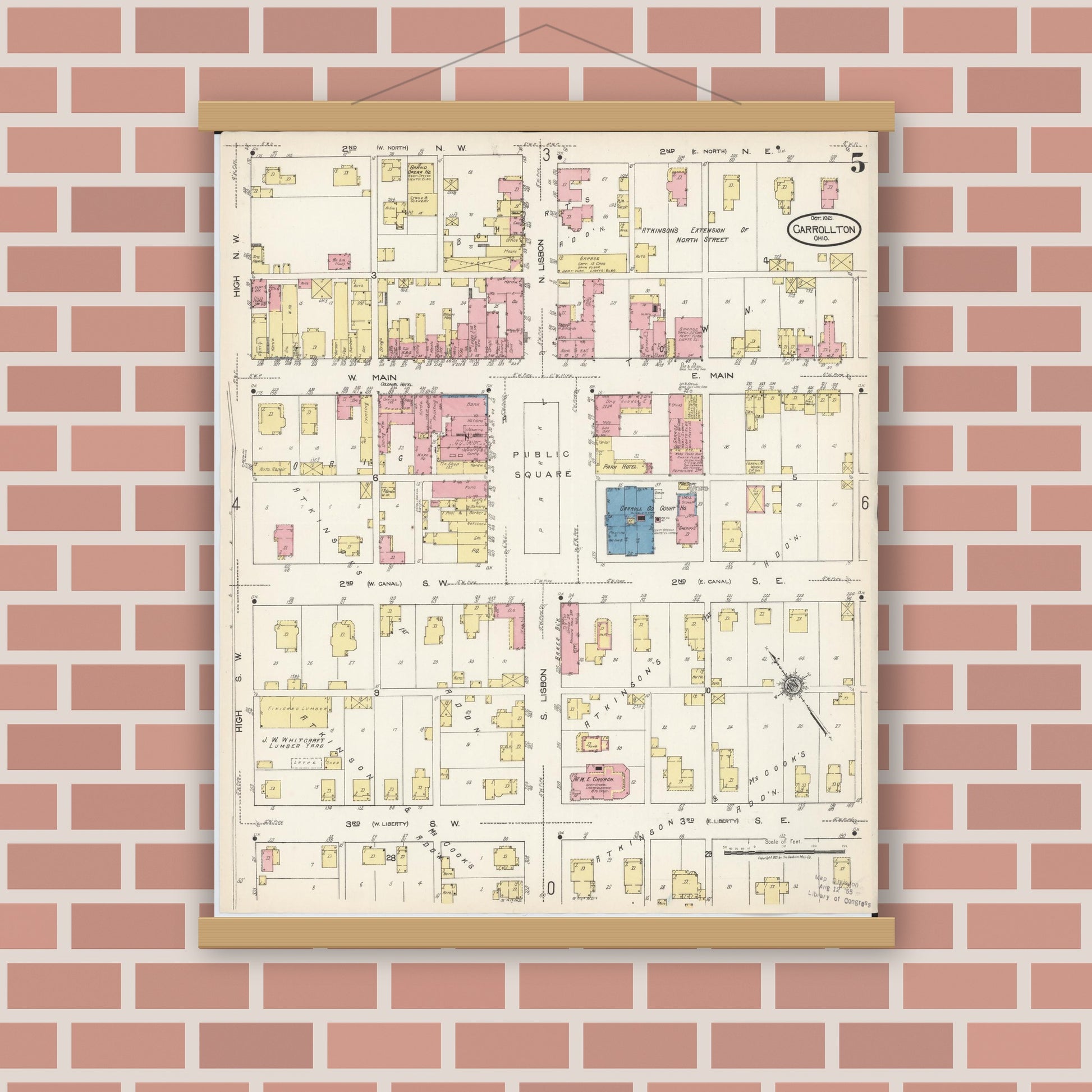 Old map wall art mockup — magnetic wood frame on brick wall — Sanborn Fire Insurance Map from Carrollton, Carroll County, Ohio (1921), Sheet #0005
