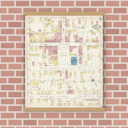 Old map wall art mockup — magnetic wood frame on brick wall — Sanborn Fire Insurance Map from Carrollton, Carroll County, Ohio (1921), Sheet #0005