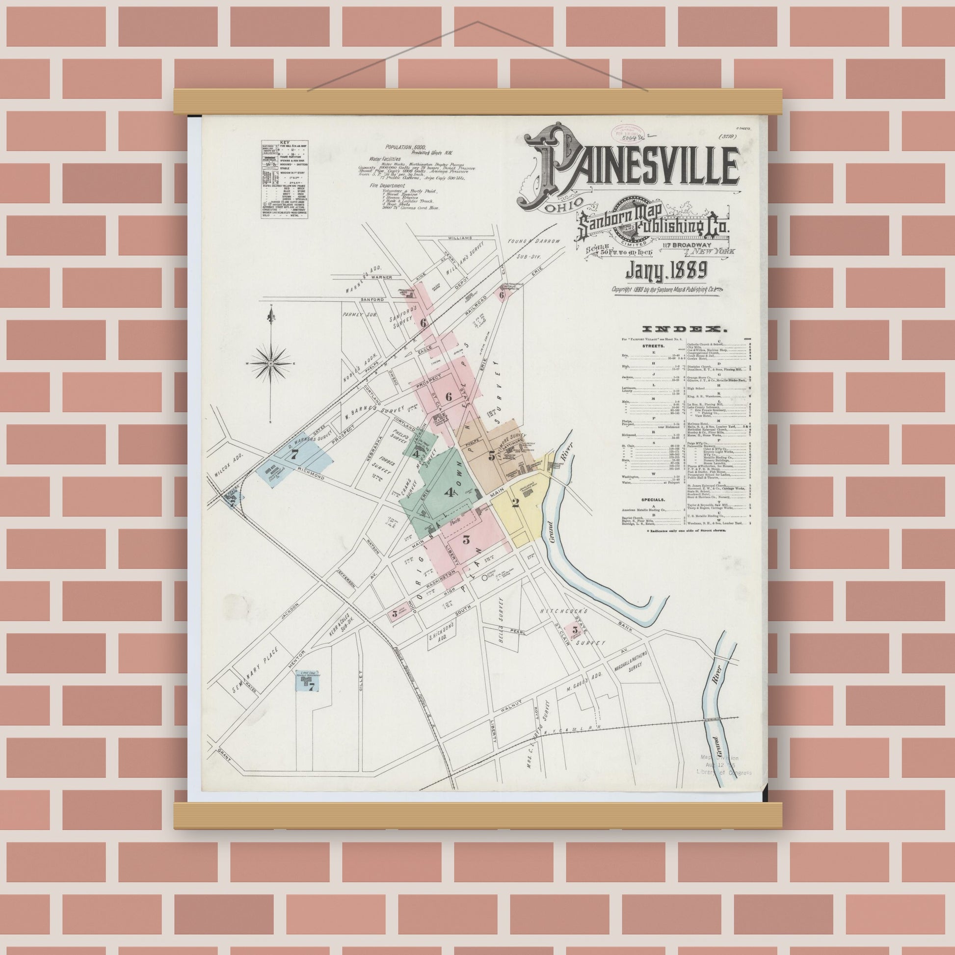 Old map wall art mockup — magnetic wood frame on brick wall — Sanborn Fire Insurance Map from Painesville, Lake County, Ohio (1889) - Complete Map Set