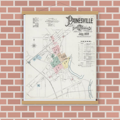 Old map wall art mockup — magnetic wood frame on brick wall — Sanborn Fire Insurance Map from Painesville, Lake County, Ohio (1889) - Complete Map Set