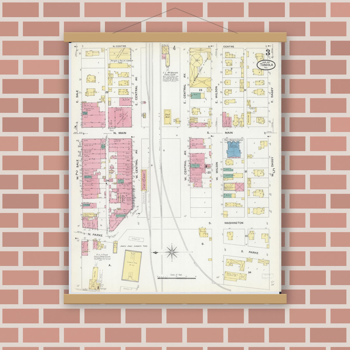 Old map wall art mockup — magnetic wood frame on brick wall — Sanborn Fire Insurance Map from Tuscola, Douglas County, Illinois (1907), Sheet #0003