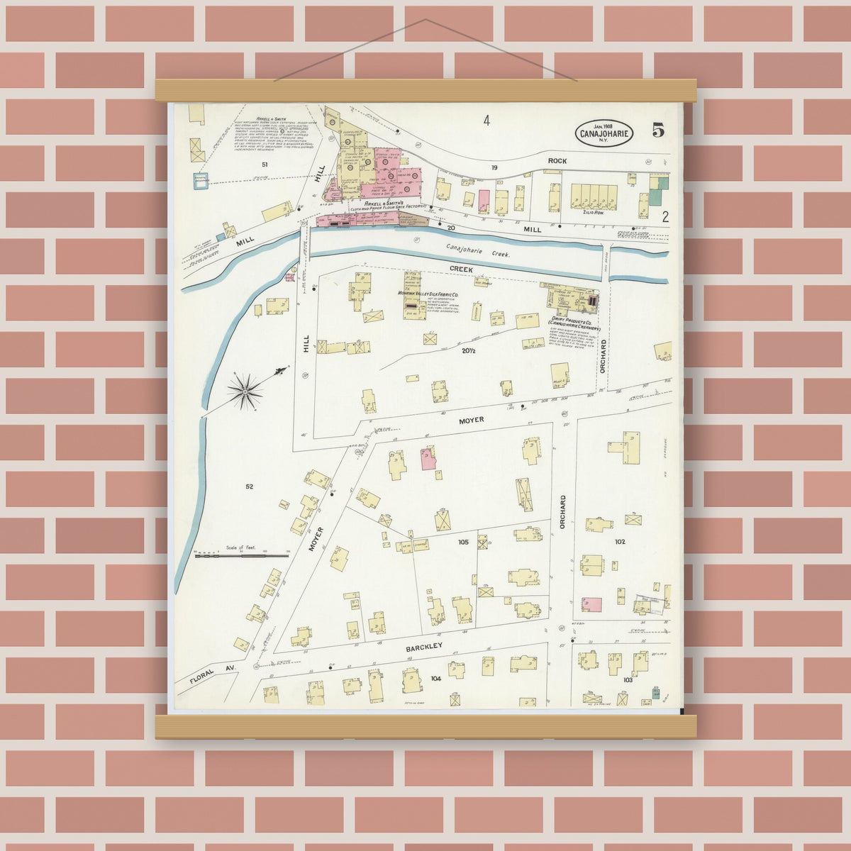 Old map wall art mockup — magnetic wood frame on brick wall — Sanborn Fire Insurance Map from Canajoharie, Montgomery County, New York (1908), Sheet #0005