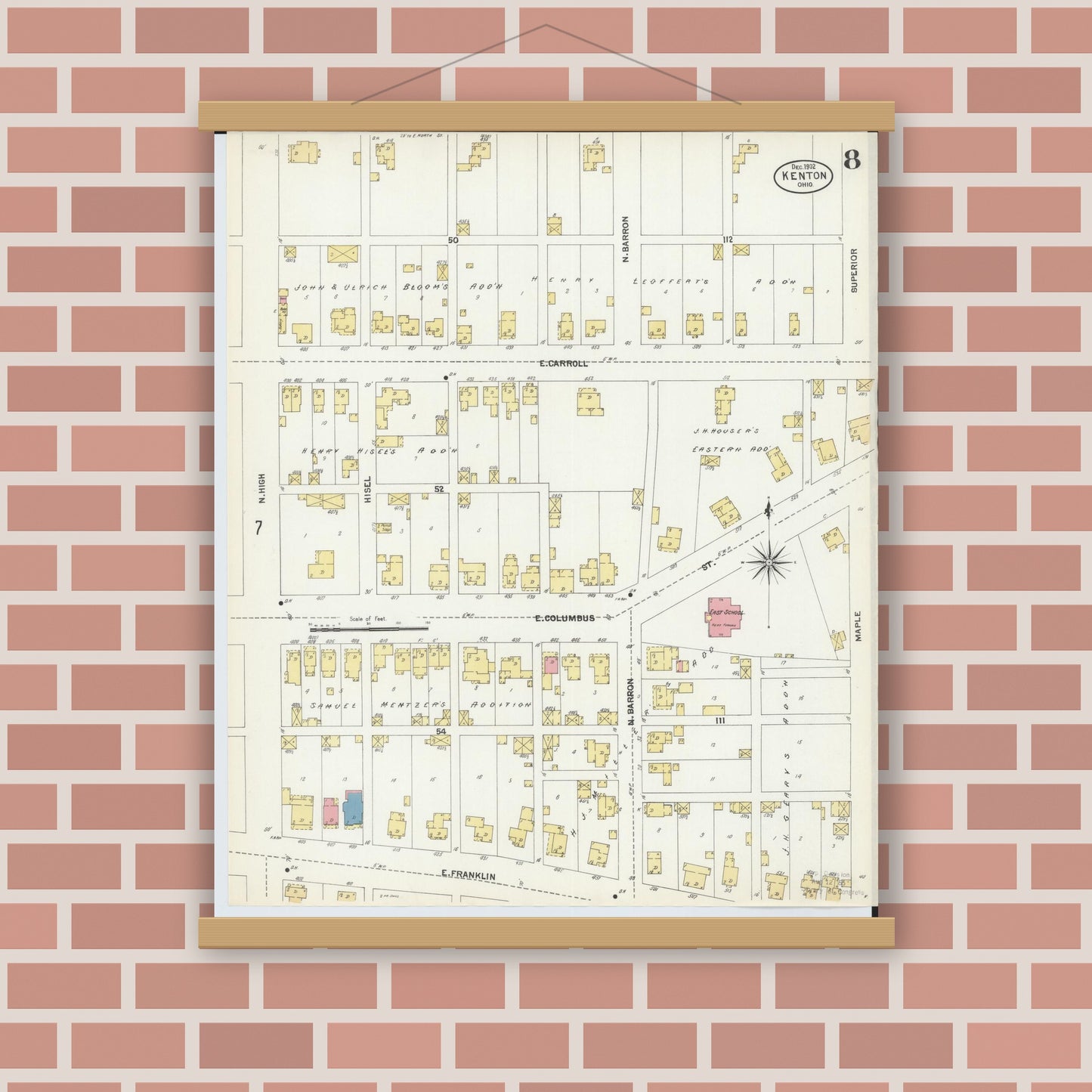 Old map wall art mockup — magnetic wood frame on brick wall — Sanborn Fire Insurance Map from Kenton, Hardin County, Ohio (1902), Sheet #0008