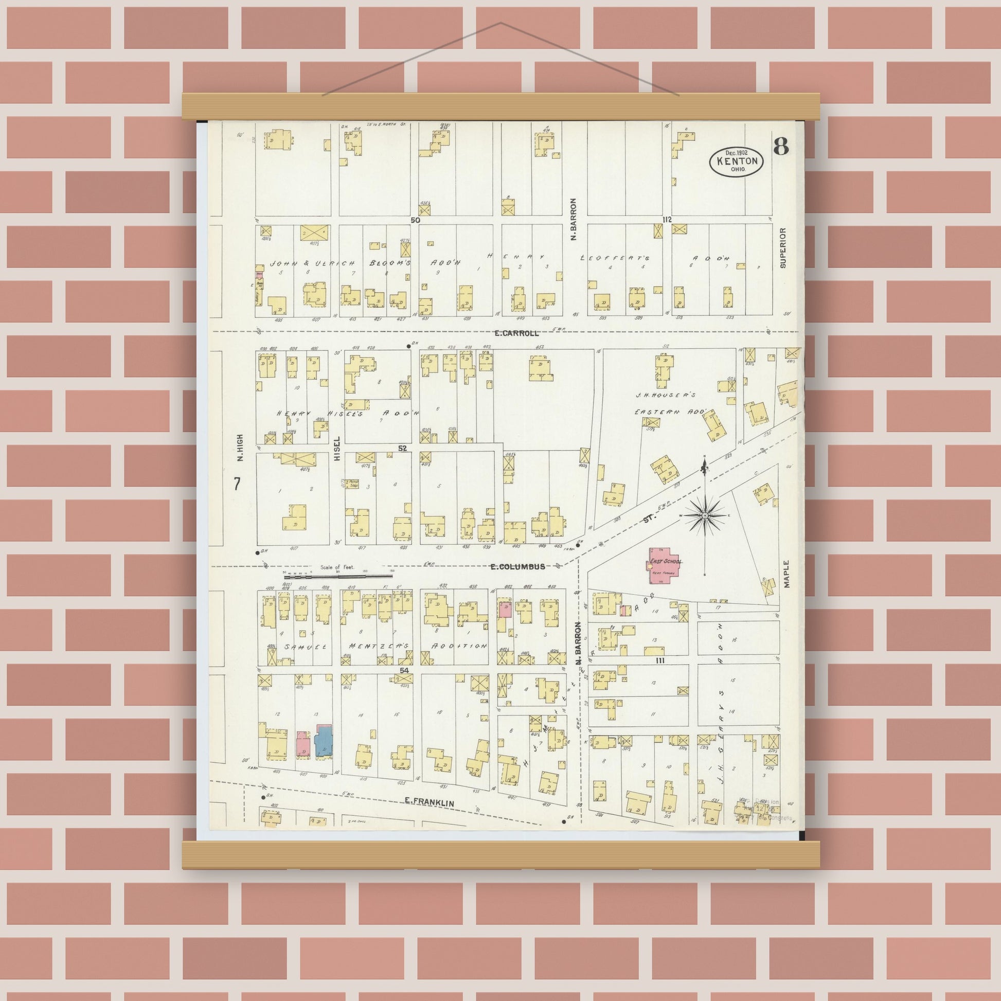 Old map wall art mockup — magnetic wood frame on brick wall — Sanborn Fire Insurance Map from Kenton, Hardin County, Ohio (1902), Sheet #0008