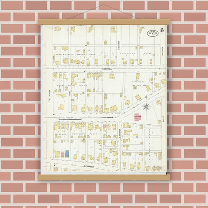Old map wall art mockup — magnetic wood frame on brick wall — Sanborn Fire Insurance Map from Kenton, Hardin County, Ohio (1902), Sheet #0008