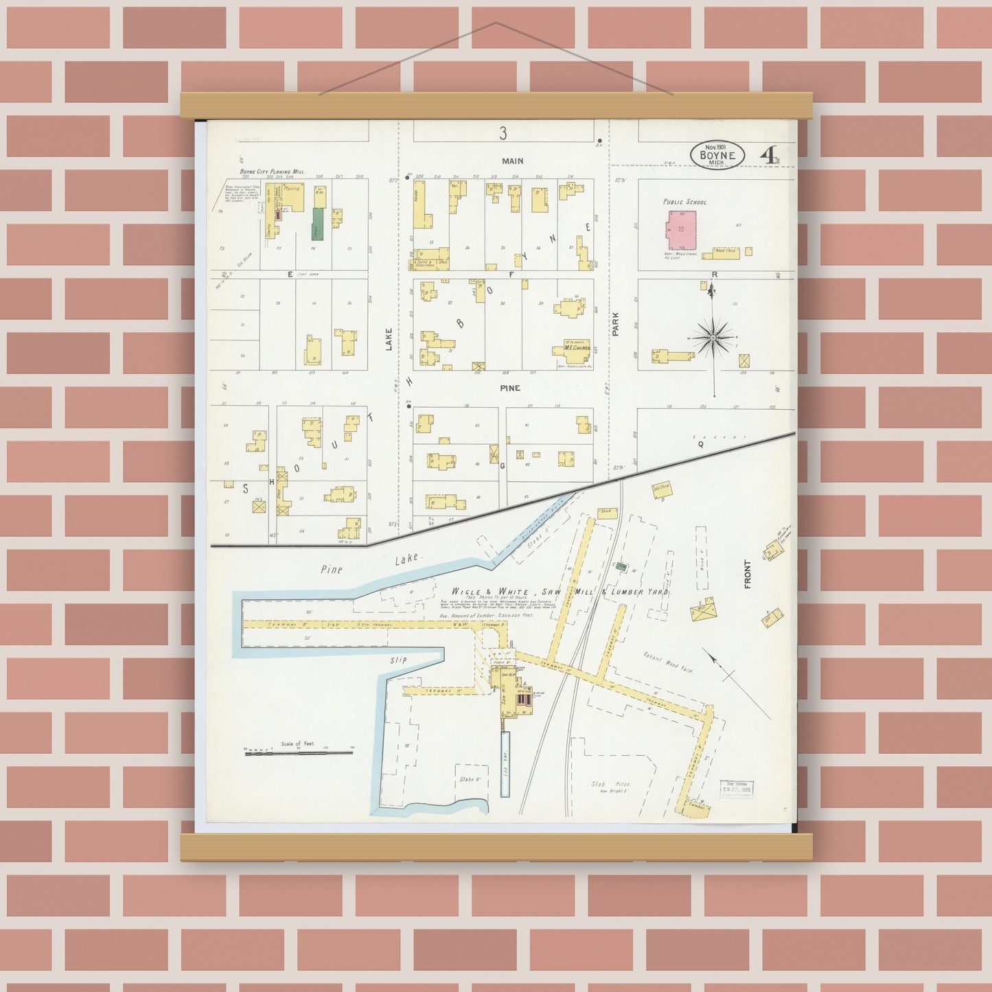 Old map wall art mockup — magnetic wood frame on brick wall — Sanborn Fire Insurance Map from Boyne City, Charlevoix County, Michigan (1901), Sheet #0004