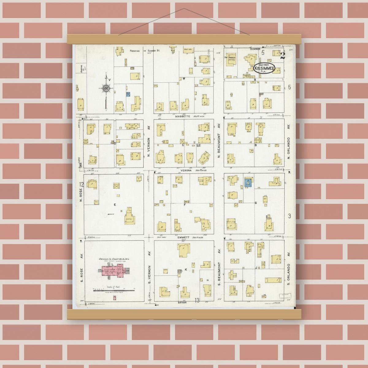 Old map wall art mockup — magnetic wood frame on brick wall — Sanborn Fire Insurance Map from Kissimmee, Osceola County, Florida (1920), Sheet #0002