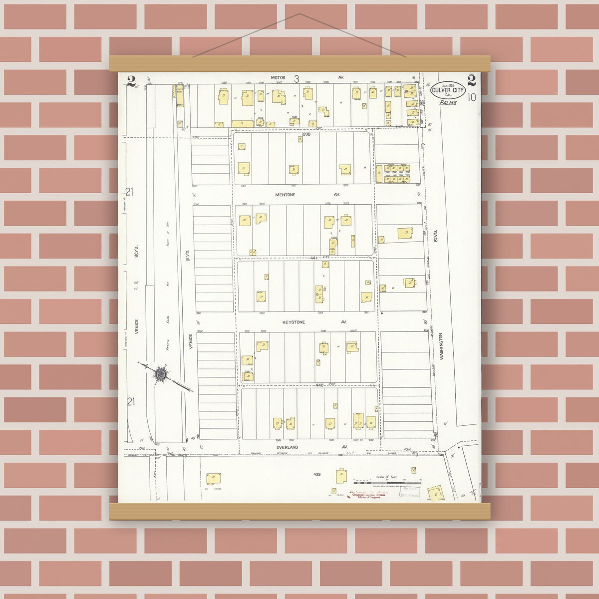 Old map wall art mockup — magnetic wood frame on brick wall — Sanborn Fire Insurance Map from Culver City, Los Angeles County, California (1924), Sheet #0002