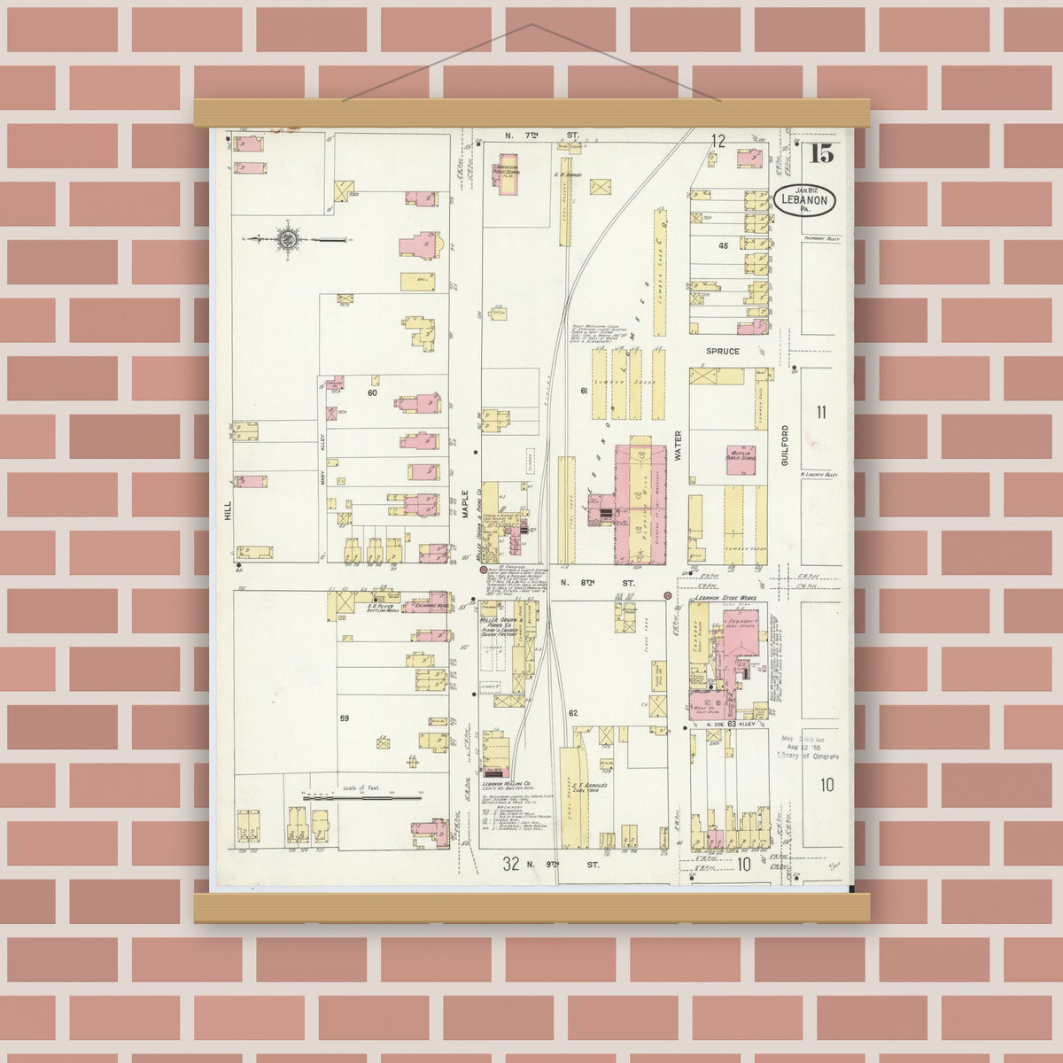 Old map wall art mockup — magnetic wood frame on brick wall — Sanborn Fire Insurance Map from Lebanon, Lebanon County, Pennsylvania (1912), Sheet #0015