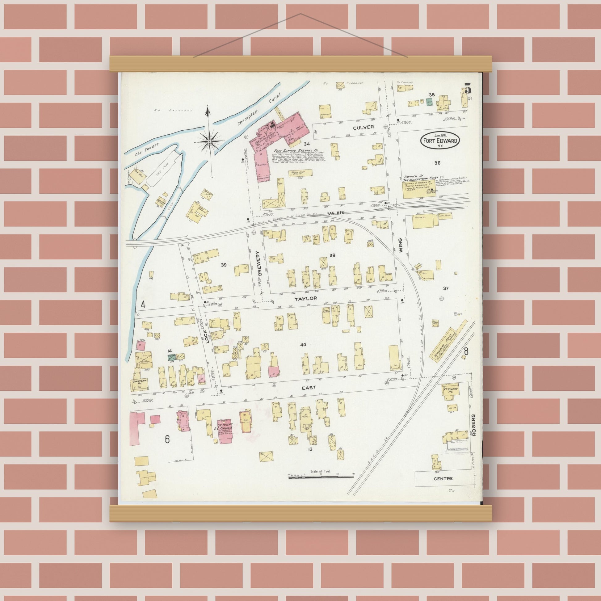 Old map wall art mockup — magnetic wood frame on brick wall — Sanborn Fire Insurance Map from Fort Edward, Washington County, New York (1909), Sheet #0005