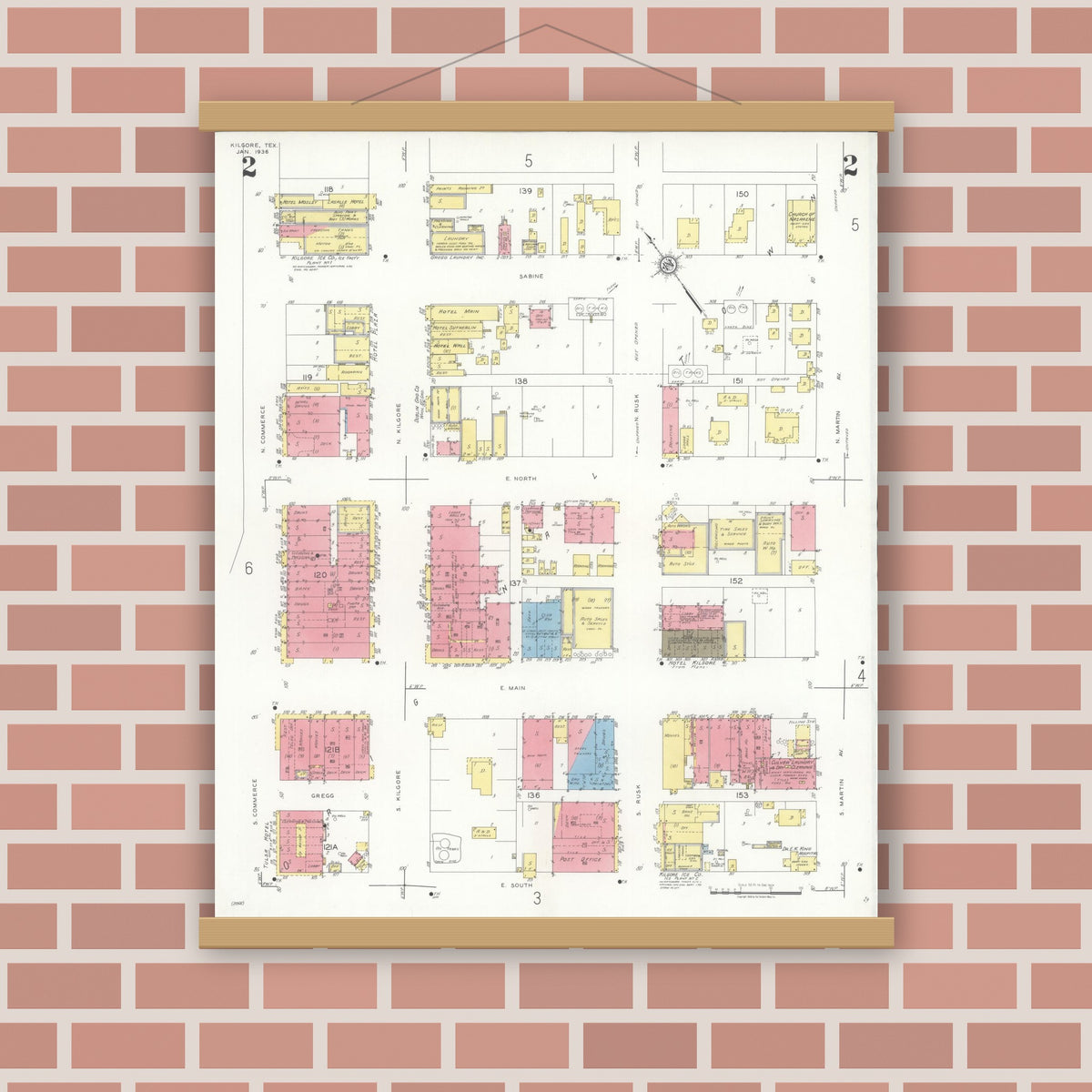 Old map wall art mockup — magnetic wood frame on brick wall — Sanborn Fire Insurance Map from Kilgore, Gregg County, Texas (1936), Sheet #0002