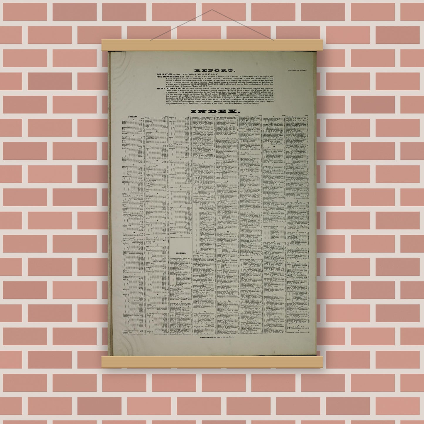 Old map wall art mockup — magnetic wood frame on brick wall — Sanborn Fire Insurance Map from Cincinnati, Hamilton County, Ohio (1887), Sheet #0001