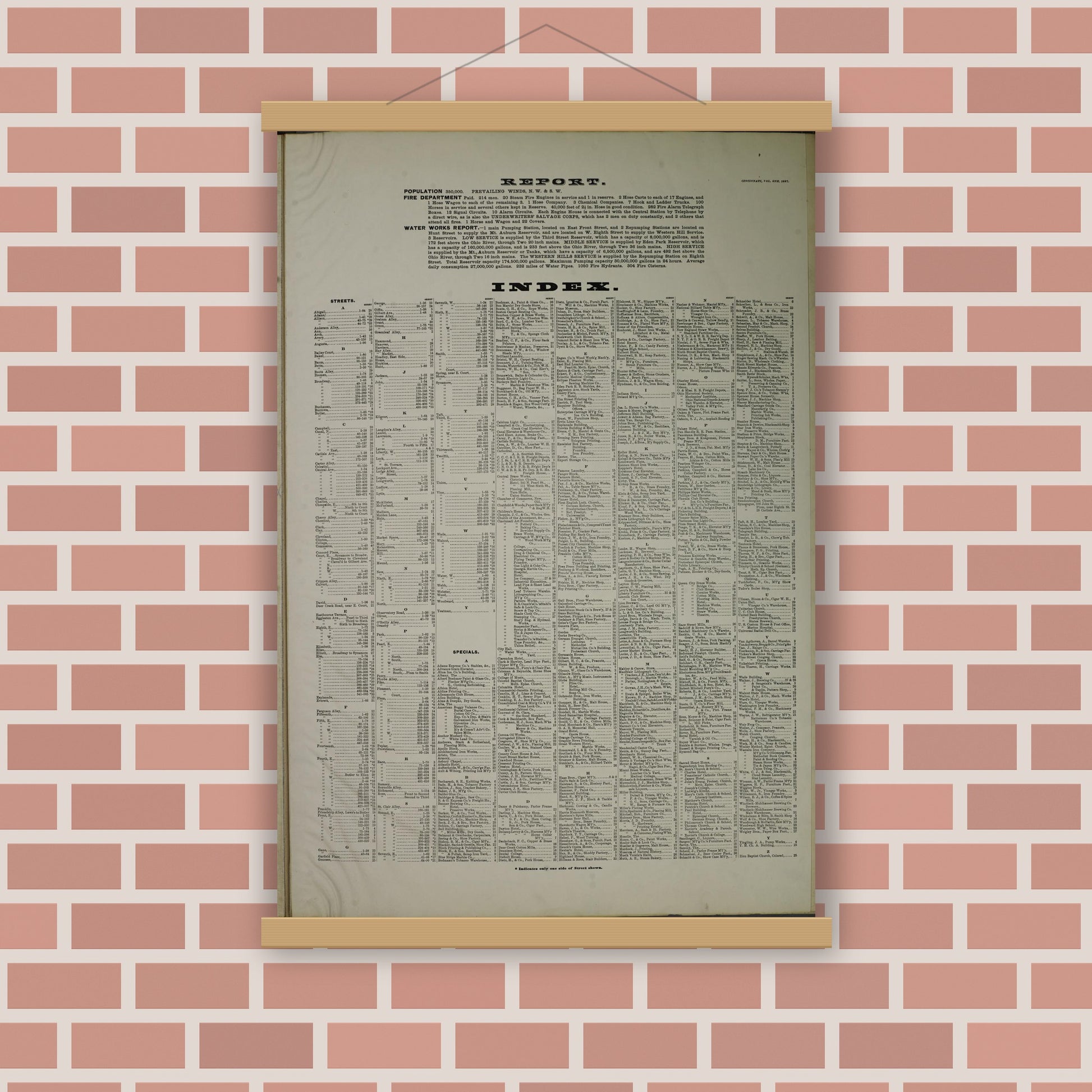Old map wall art mockup — magnetic wood frame on brick wall — Sanborn Fire Insurance Map from Cincinnati, Hamilton County, Ohio (1887), Sheet #0001