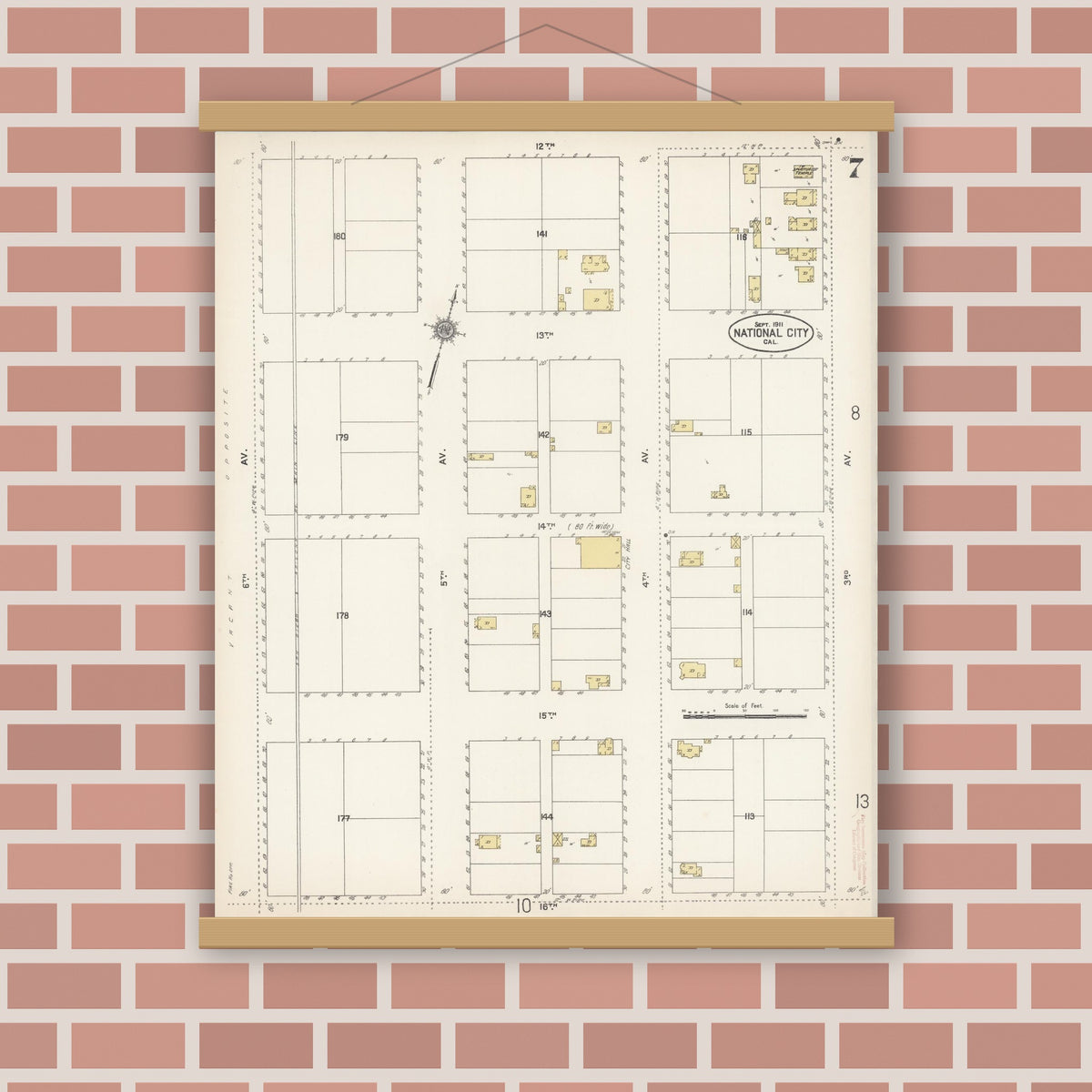 Old map wall art mockup — magnetic wood frame on brick wall — Sanborn Fire Insurance Map from National City, San Diego County, California (1911), Sheet #0007